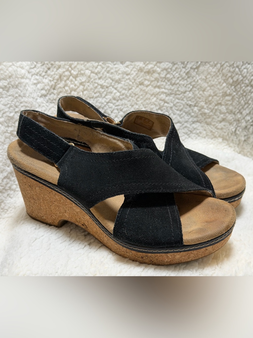 Clarks Giselle Cove Black Suede Slingback Platform Wedge Sandals w/ Cork 8.5 M
